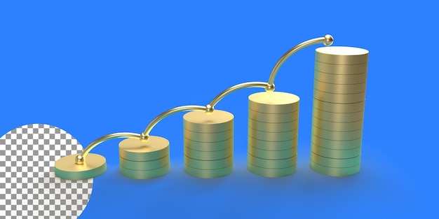 PSD golden 3d coins rendering with income growth chart 3d financial chart business growth