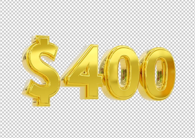 PSD simbolo del prezzo di 400 dollari d'oro isolato. rendering 3d