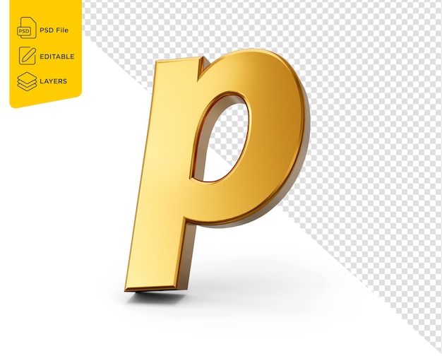 Golden alphabet p on white isolated background 3d golden small letter p 3d illustration