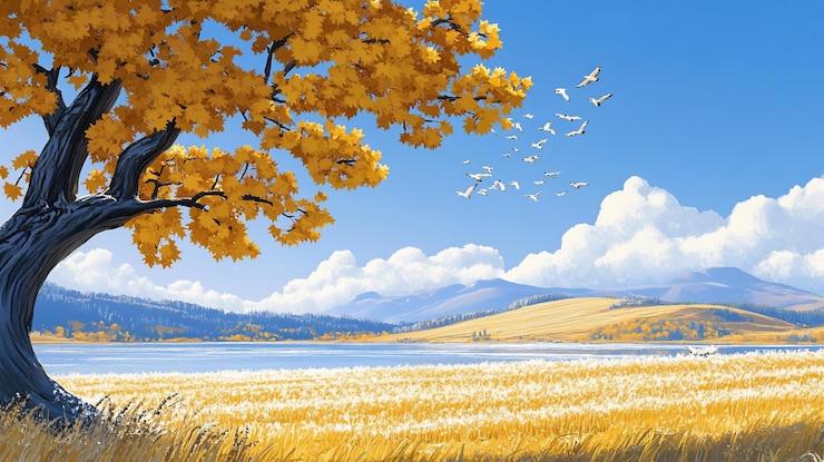 PSD 晴れた空の下の鳥と山の湖の木の黄金の秋の風景