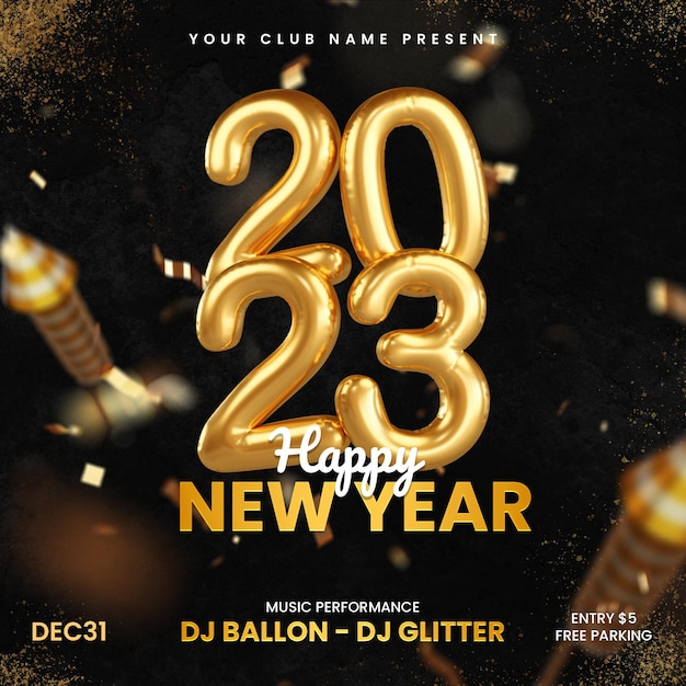 PSD golden balloon text happy new year 2023 social media post invitation