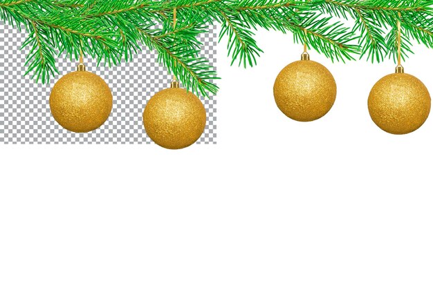 PSD golden balls hang from the fir branches above isolated on transparent background