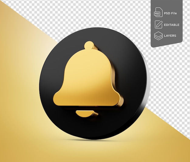 Golden Bell Icon Symbol On Black Icon Or Black Button Isolated On White Background 3d Illustration