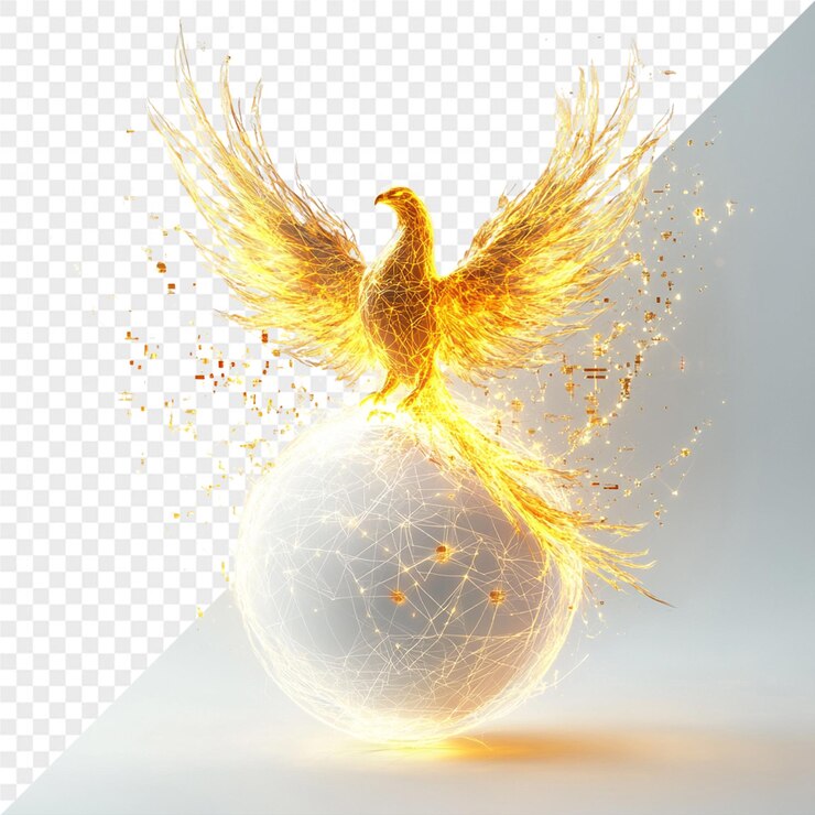 PSD a golden bird is flying over a ball with a duck on it