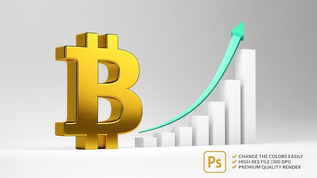 Simbolo dorato di bitcoin con una barra ascendente nel rendering 3d