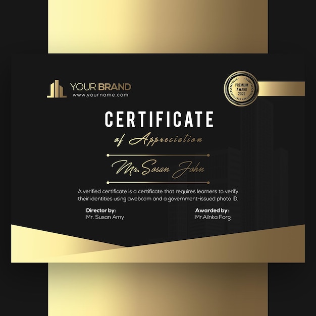 PSD modello di certificato premium nero dorato