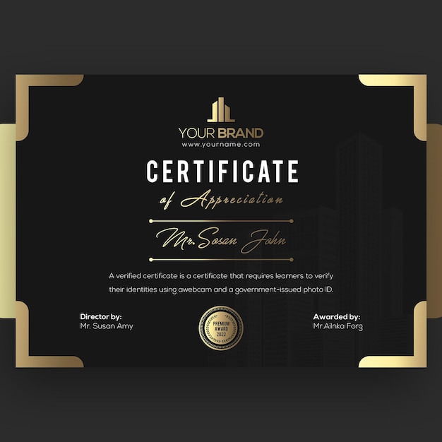 Modello di certificato premium nero dorato