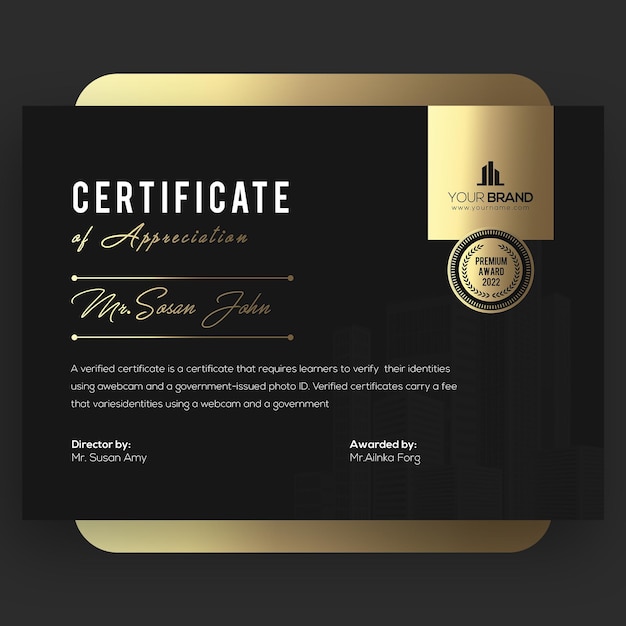 Modello di certificato premium nero dorato