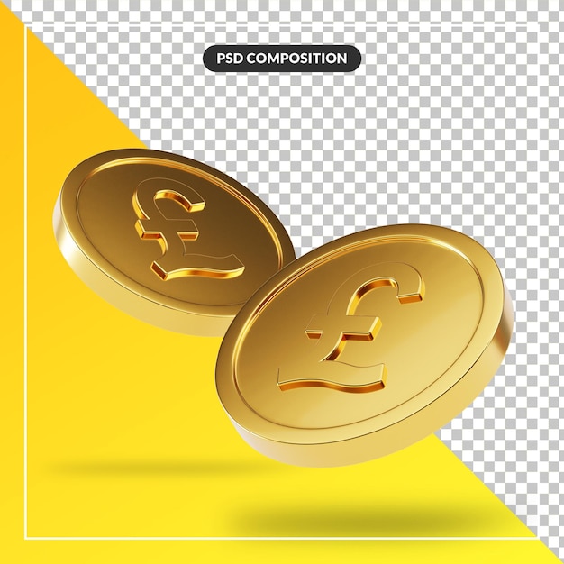 Golden british pound coins in 3d render isolated