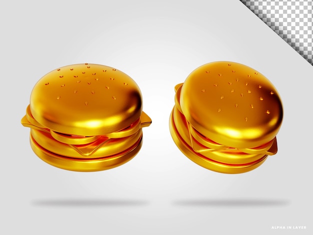 Illustrazione di rendering 3d dell'hamburger dorato isolata