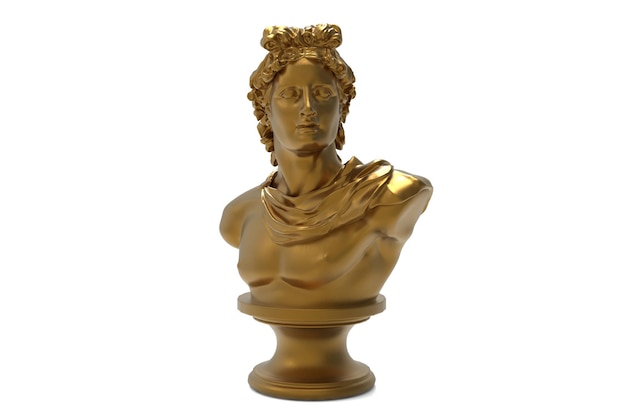 PSD scultura busto dorato di apollo belvedere isolata su bianco con tracciato di ritaglio