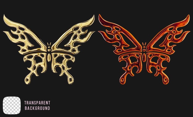 Golden butterfly y2k abstract shape 3d rendering psd