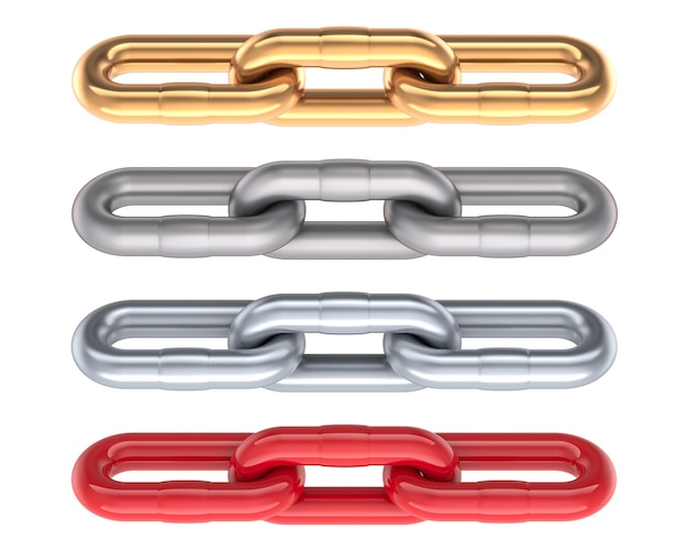Golden chain links steel silver metallic chains and plastic red chain links 3D rendering isolated on transparent background
