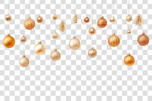 golden christmas garland with hanging ornaments isolated on white background