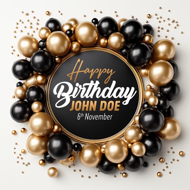 PSD golden circle and golden and black balloon's birthday social media post template design
