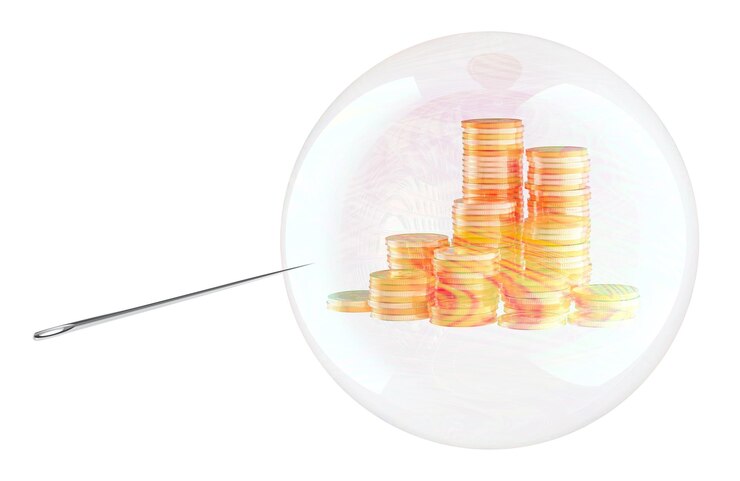 PSD golden coins inside soap bubble with needle economic or financial bubble concept 3d rendering isolated on transparent background