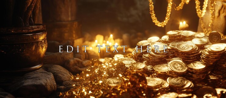 Golden coins pile in dark cave with candles