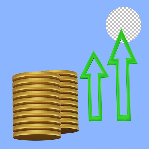 Golden coins stacking with increasing green arrow 3d rendering alpha background