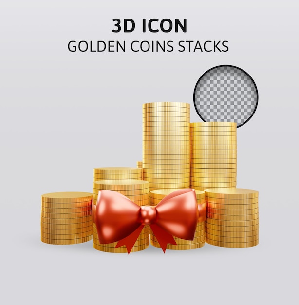 Golden coins stacks with bow 3d rendering illustration