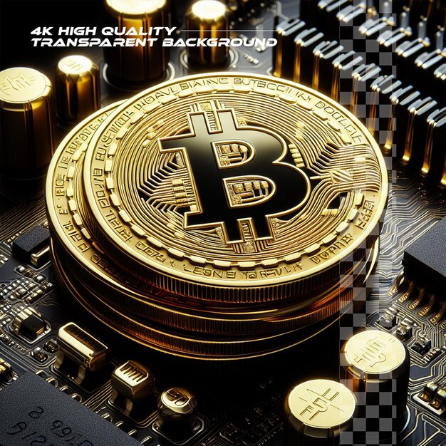 Golden coins with bitcoin symbol on a mainboard on transparent background