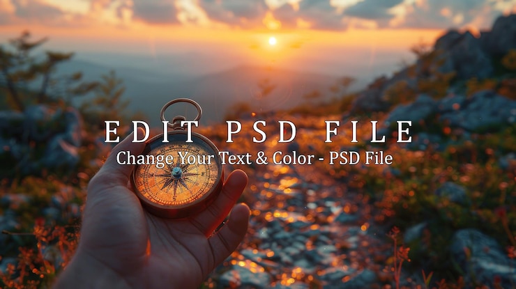 PSD 黃金指南針在山上日落時