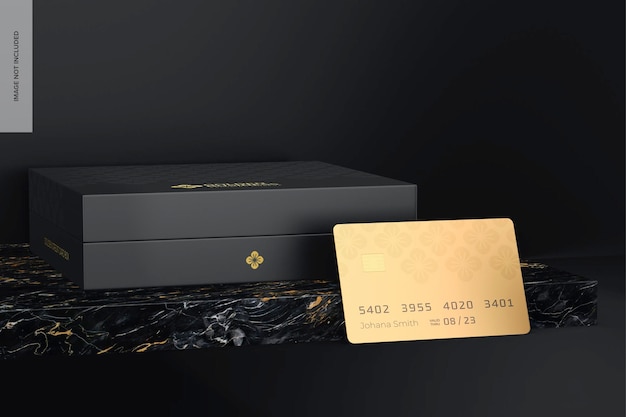 PSD golden credit card box mockup front view