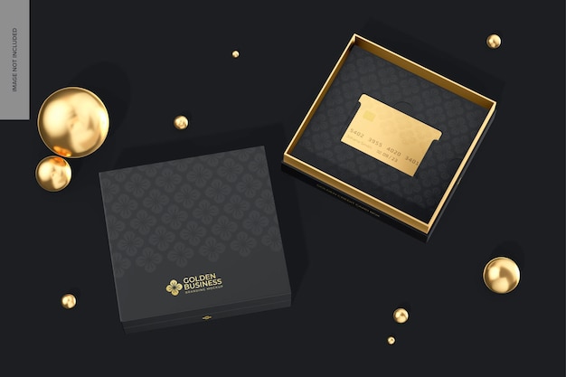 PSD golden credit card boxes mockup opened