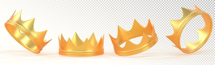 PSD золотые короны для короля королевы принца или принцессы 3d рендеринг иконы набор королевский золотой металл короны монархия средневековый император символ коронации восхождения на трон изолирован на фоне 3d иллюстрация