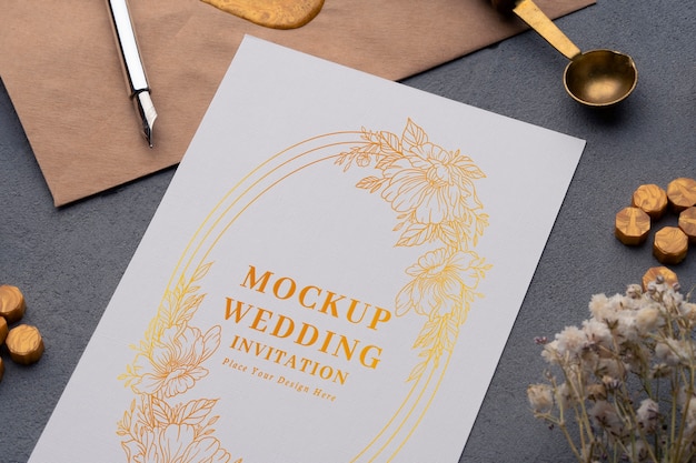 PSD golden details wedding invitation flat lay