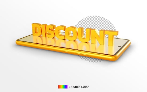 Stile dorato del testo di sconto sul rendering 3d del telefono cellulare