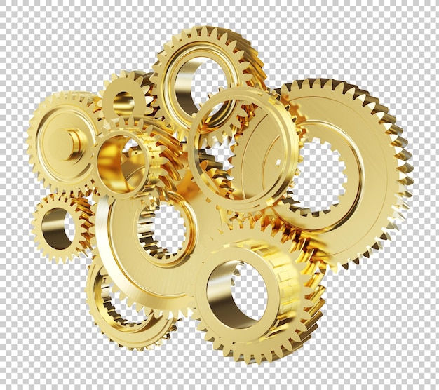 PSD golden engine gear wheels isolated 3d rendering