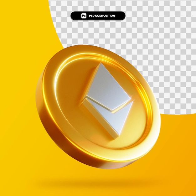 golden ethereum coin 3d rendering isolated