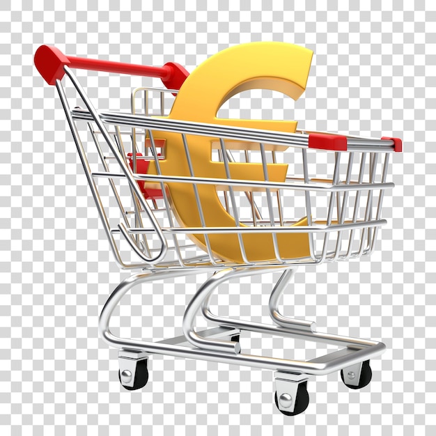 Golden euro sign in shopping cart isolated on white background Currency in the trolley 3D render