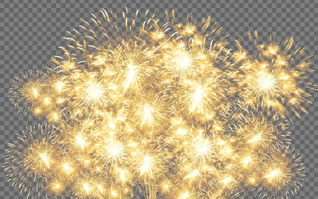 Golden fireworks display on a transparent background