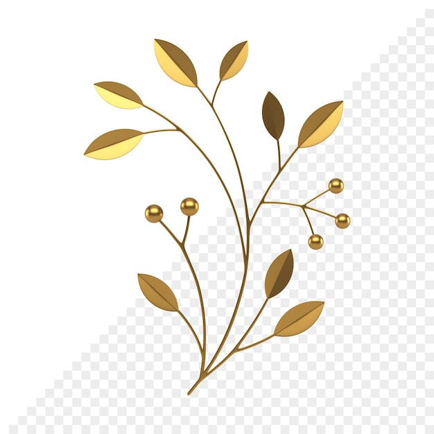 Golden floristic branch stem with leaves berries metallic decor element 3d icon realistic