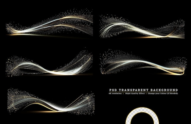 PSD golden flowing wave with sequins glitter dust on transparent background