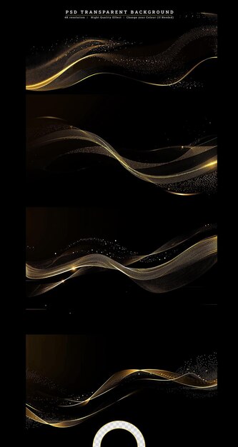 Golden flowing wave with sequins glitter dust on transparent background