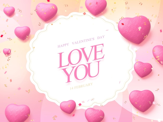 Coriandoli e glitter in lamina d'oro illustrazione 3d della carta di san valentino con cuori rosa