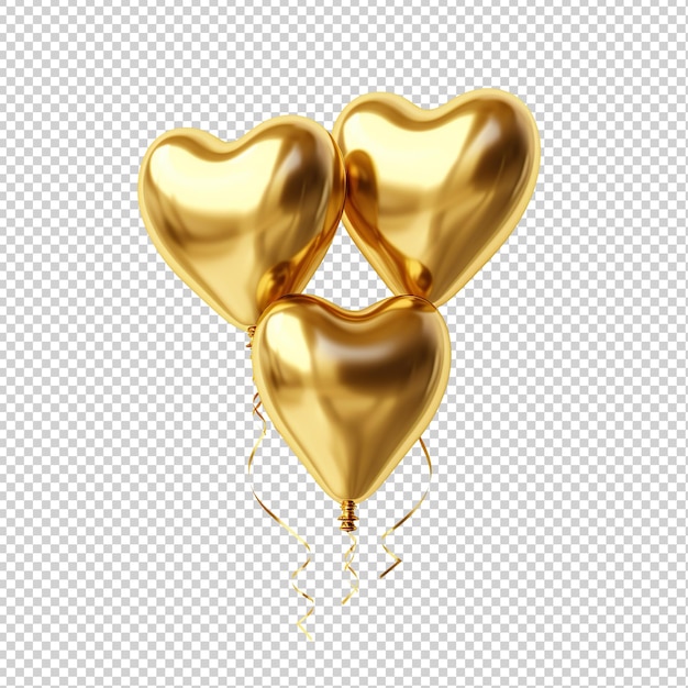 Воздушные шары в форме сердца из золотой фольги. Вырезанные на прозрачном фоне.