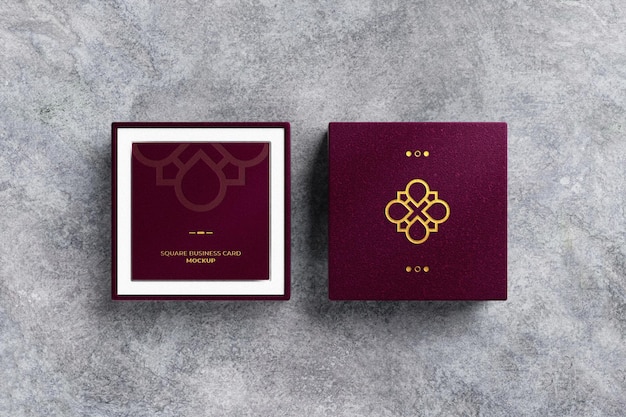 Golden foil logo on leather box with square business card mockup