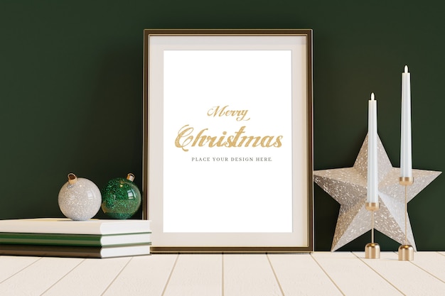 Golden frame with christmas decoration mockup