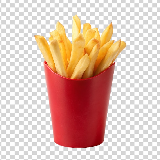 PSD golden french fries in a red paper cup isolated on transparent background