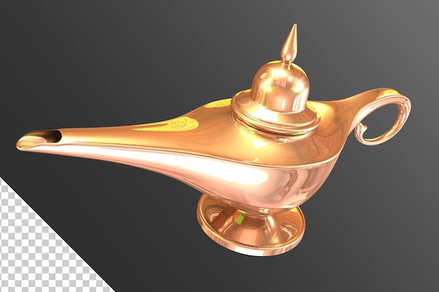 A golden genie lamp with the word genie on it