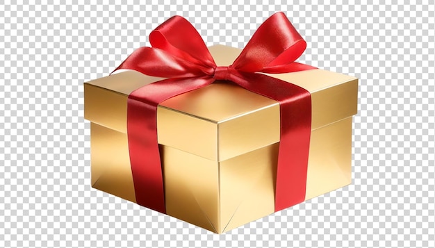 PSD golden gift box with red ribbon bow isolated on transparent background