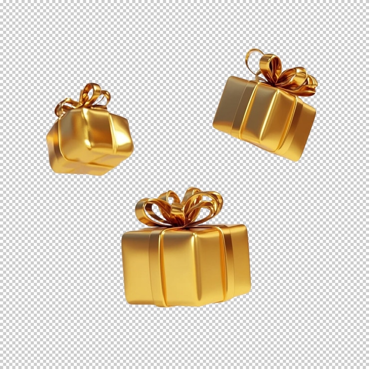 PSD golden gift boxes with ribbon falling isolated on transparent background