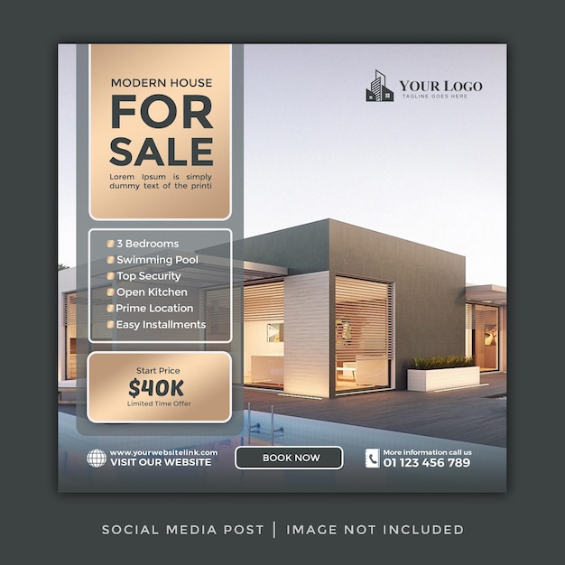 Golden green real estate house property instagram post or square web banner promo template