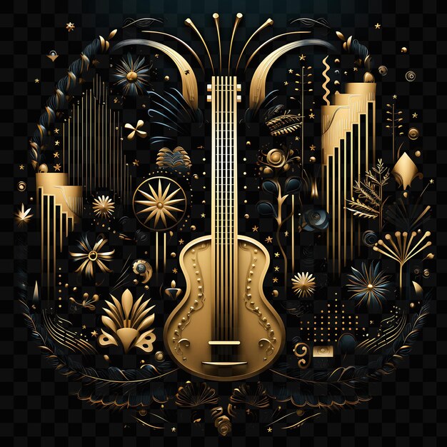 PSD a golden guitar with a gold frame and a floral pattern