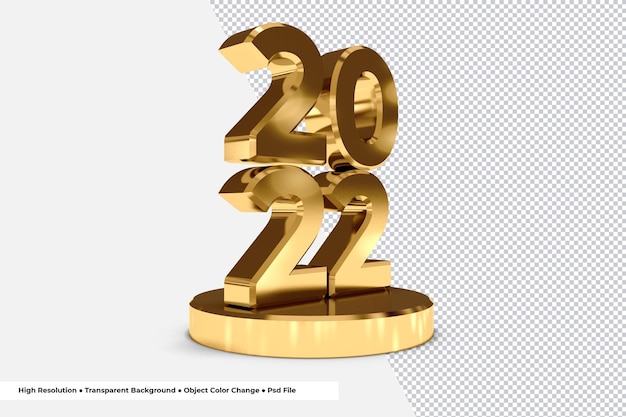 Golden happy new year number 2022 3d rendering