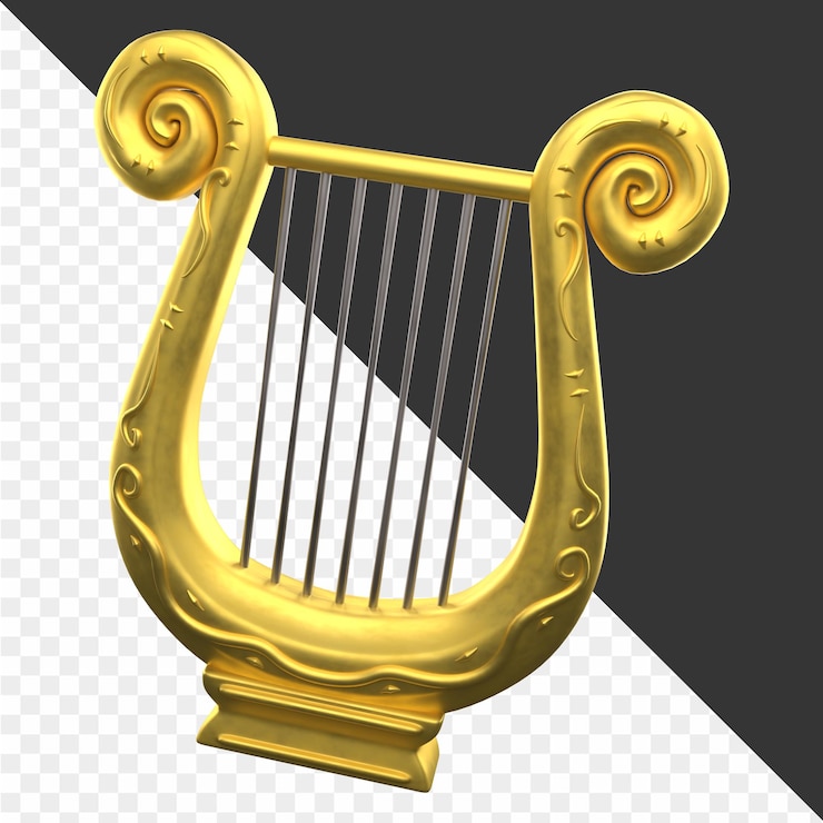 PSD a golden harp with a gold handle and a black and white background