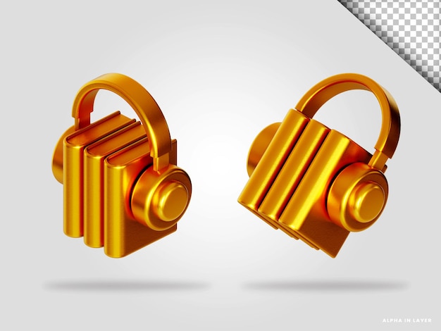 分離された黄金のヘッドフォン3dレンダリングイラスト